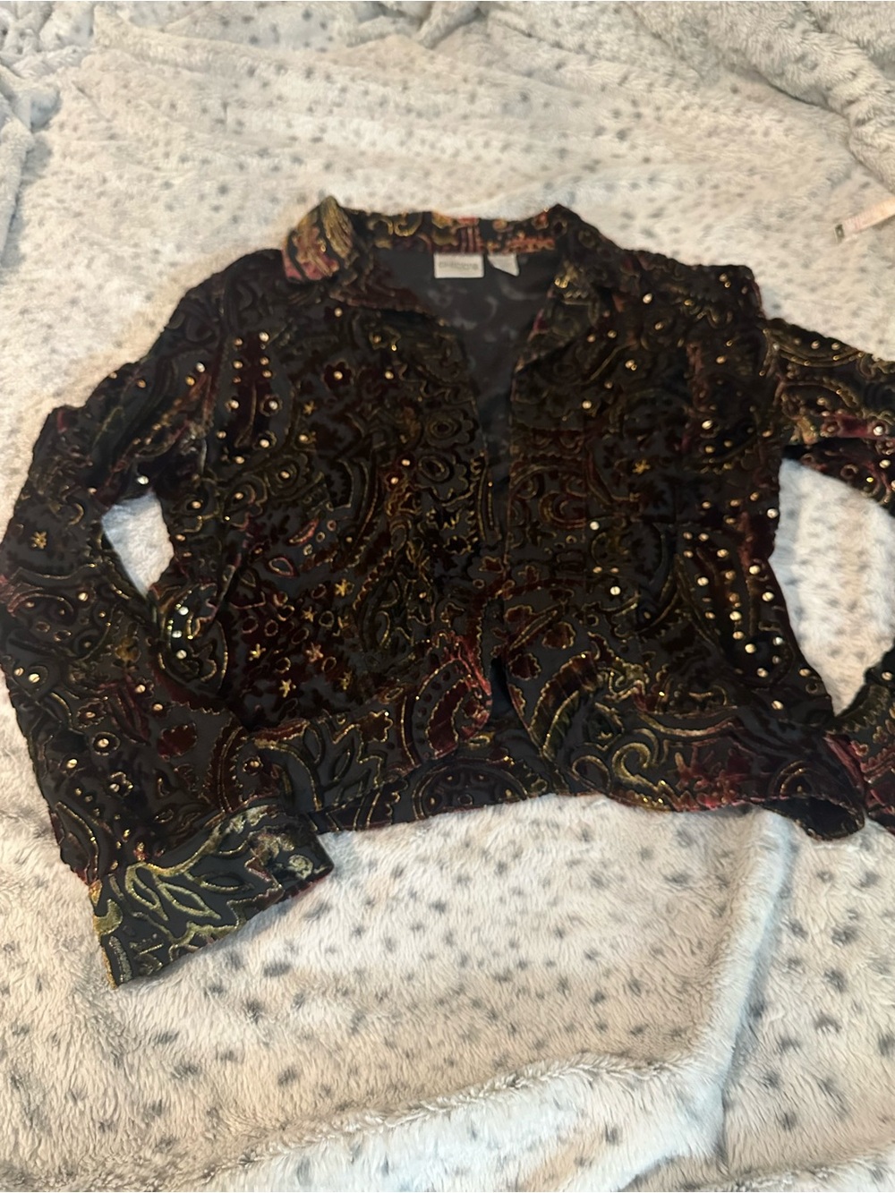 Chico's Velvet Paisley Button-Front Shirt — Black, Burgundy & Gold